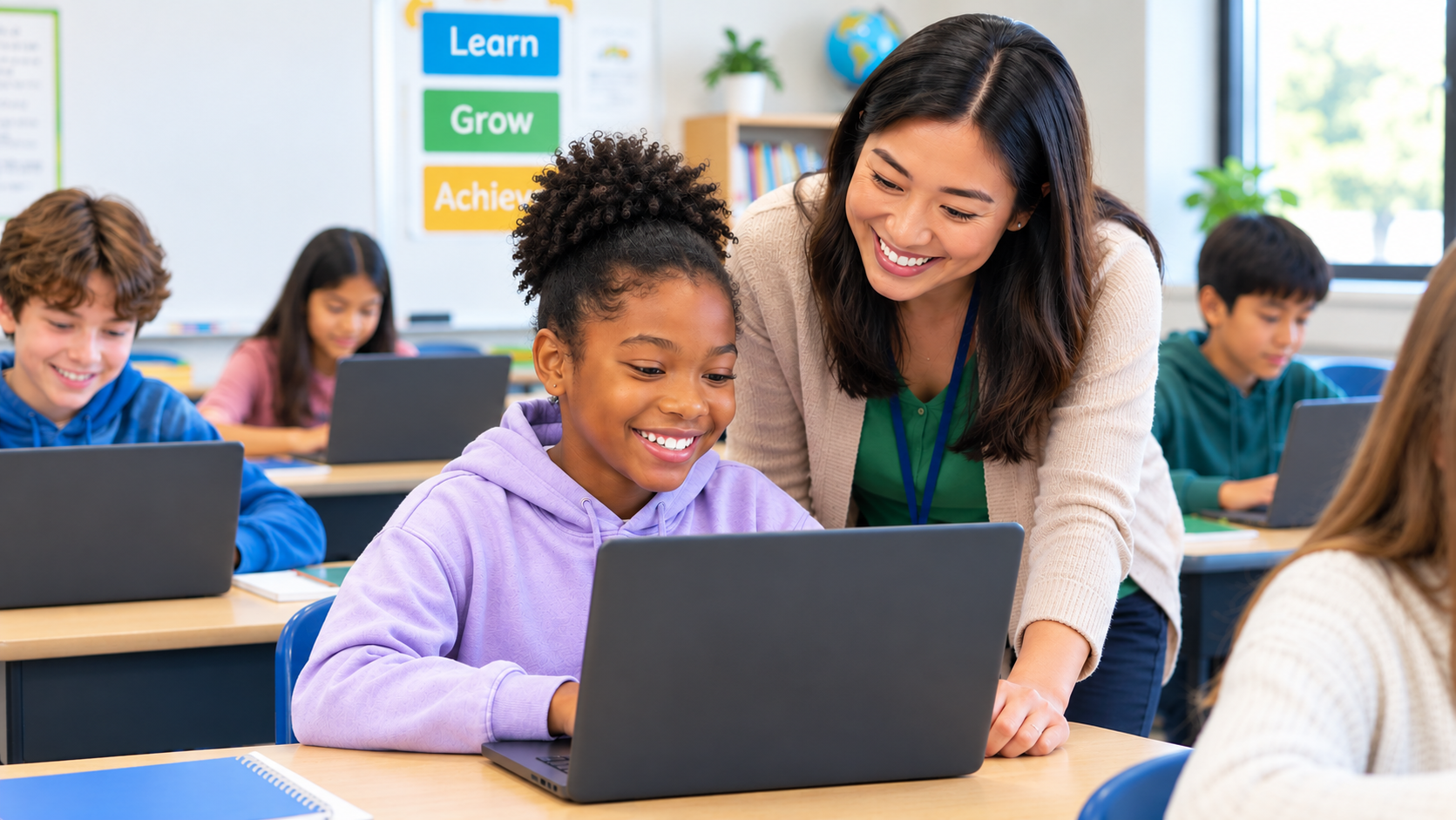 Teacher helping a smiling student using Wordela on a laptop in class